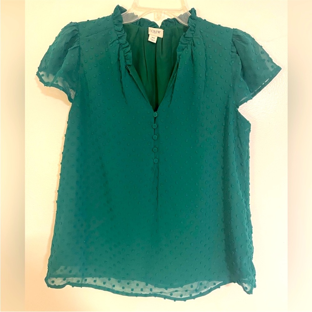 J. Crew jade green Swiss Dot chiffon ruffle neck Blouse